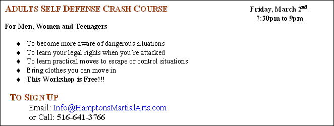 Free adults Self Defense Classes Riverhead